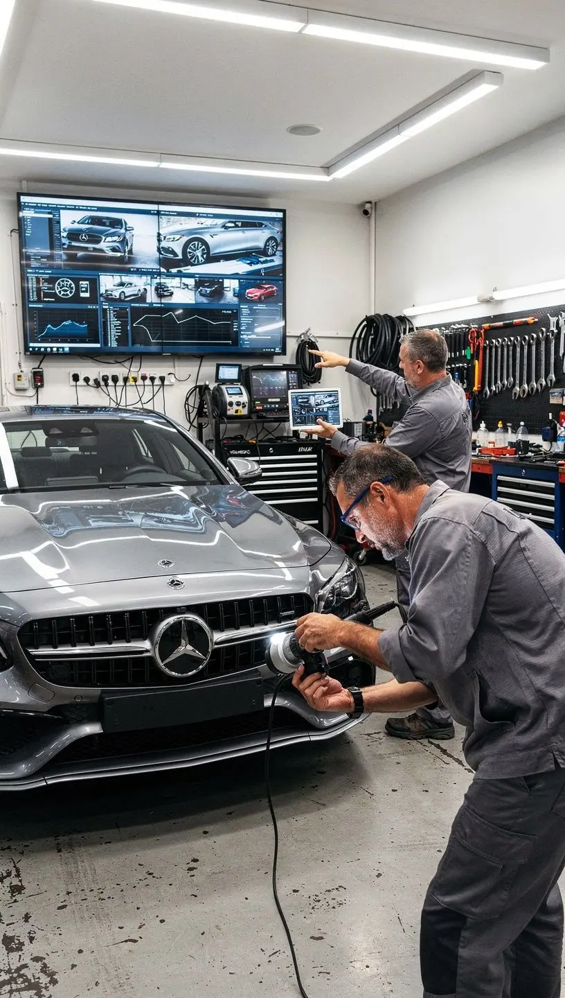 Fachmännische Inspektion eines Premiumfahrzeugs in einer spezialisierten Werkstatt für Luxusautos in Deutschland.